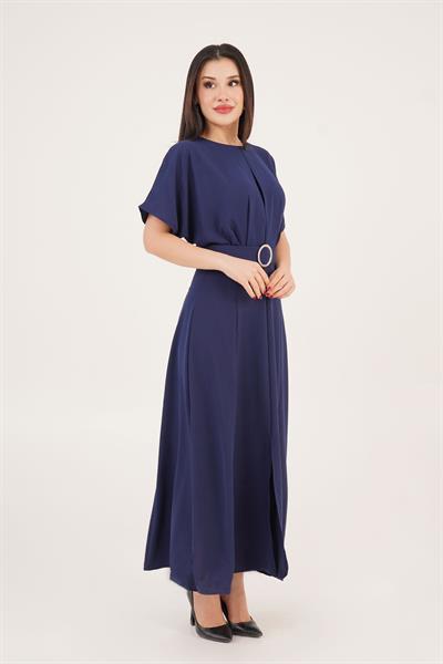 Yarasa Kollu Kemerli Ön Yırtmaçlı Lacivert Elbise