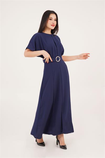 Yarasa Kollu Kemerli Ön Yırtmaçlı Lacivert Elbise