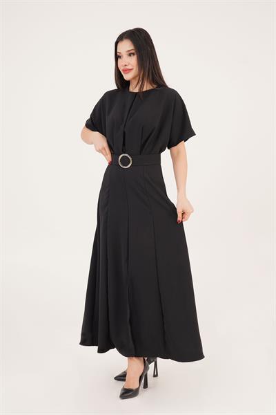 Yarasa Kollu Kemerli Ön Yırtmaçlı Siyah Elbise
