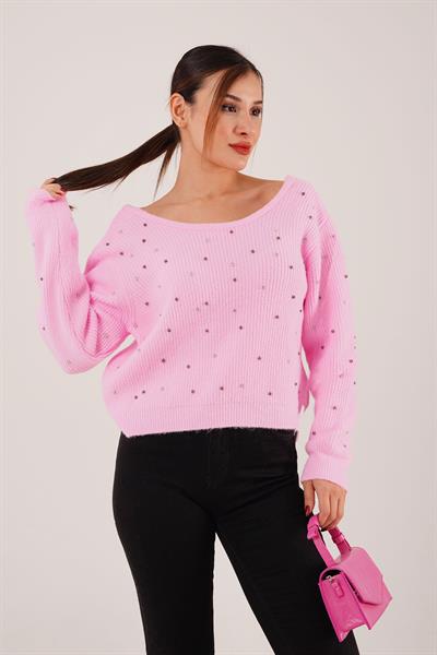 Önü Taş İşlemeli Sırt Dekolteli Pembe Kazak
