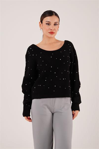 Önü Taş İşlemeli Sırt Dekolteli Siyah Kazak