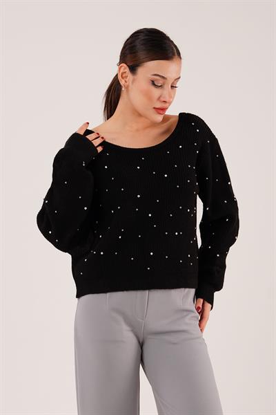 Önü Taş İşlemeli Sırt Dekolteli Siyah Kazak