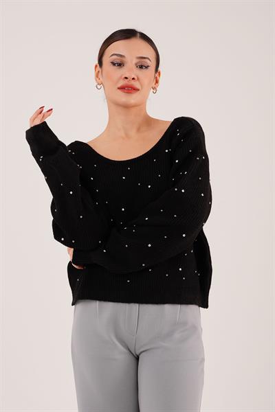 Önü Taş İşlemeli Sırt Dekolteli Siyah Kazak