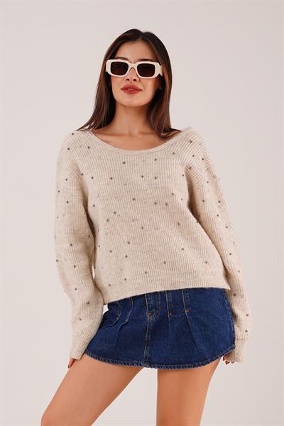 Önü Taş İşlemeli Sırt Dekolteli Taş Kazak