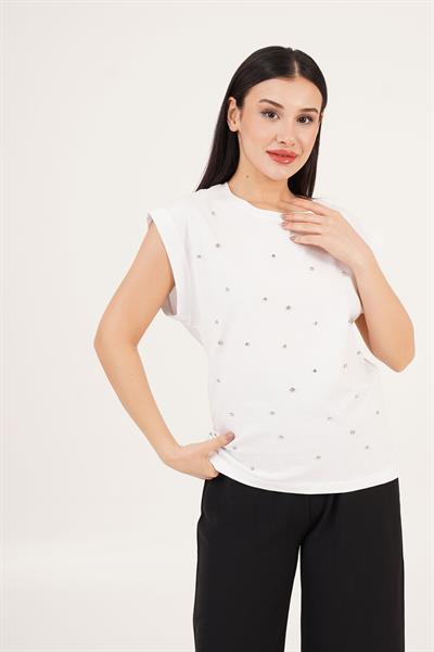 Önü Taşlı Kısa Kollu Beyaz Tişört