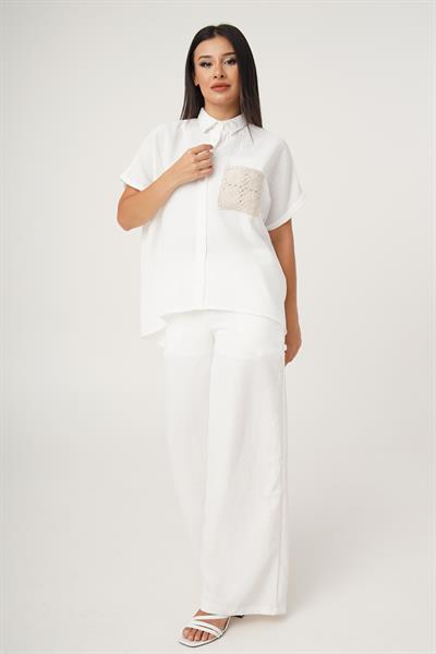 Örme Cepli Salaş Kısa Kol Beyaz Gömlek