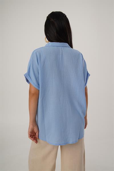 Örme Cepli Salaş Kısa Kol Mavi Gömlek