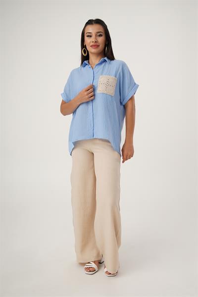 Örme Cepli Salaş Kısa Kol Mavi Gömlek