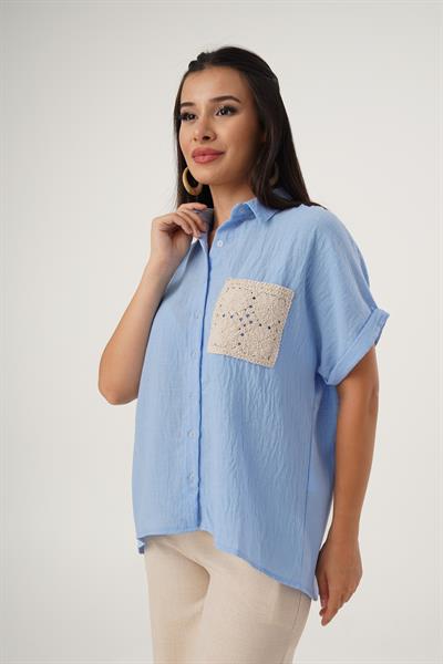 Örme Cepli Salaş Kısa Kol Mavi Gömlek