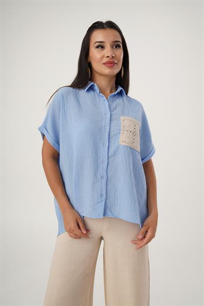 Örme Cepli Salaş Kısa Kol Mavi Gömlek