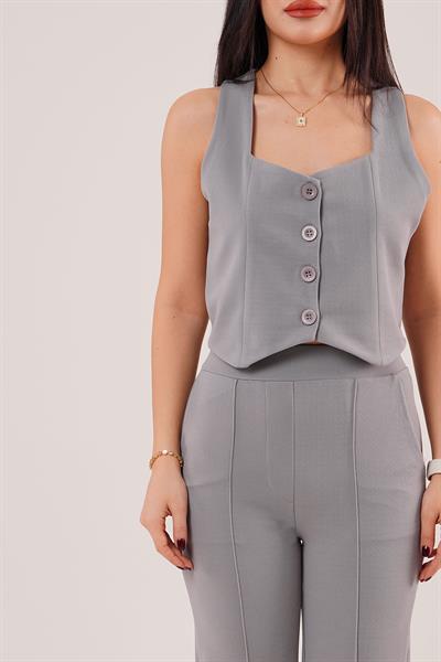 Kalın Askılı Düğmeli Yelek ve Pantolon Gri Takım