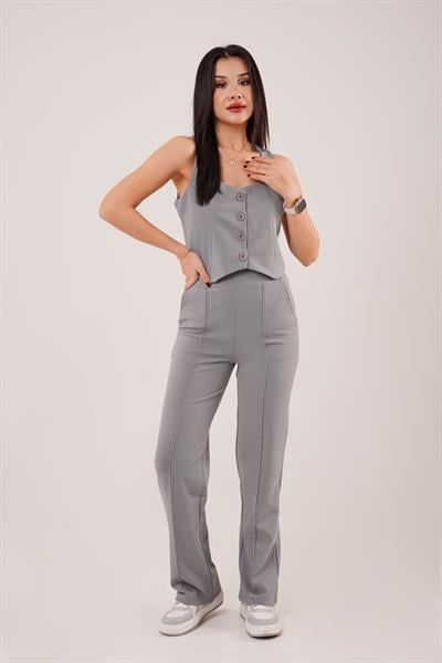 Kalın Askılı Düğmeli Yelek ve Pantolon Gri Takım