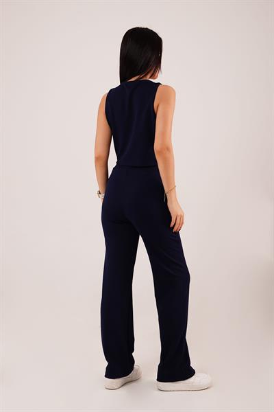 Kalın Askılı Düğmeli Yelek ve Pantolon Lacivert İkili Takım