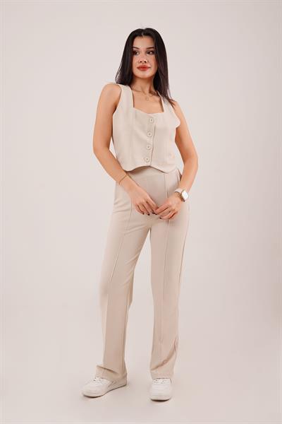 Kalın Askılı Düğmeli Yelek ve Pantolon Bej İkili Takım	