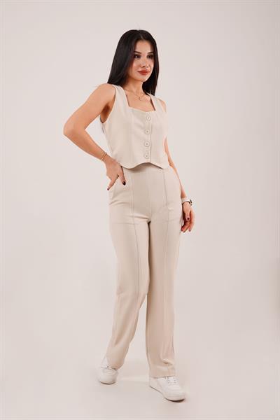 Kalın Askılı Düğmeli Yelek ve Pantolon Bej İkili Takım	