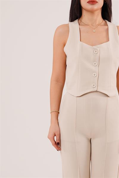 Kalın Askılı Düğmeli Yelek ve Pantolon Bej İkili Takım	