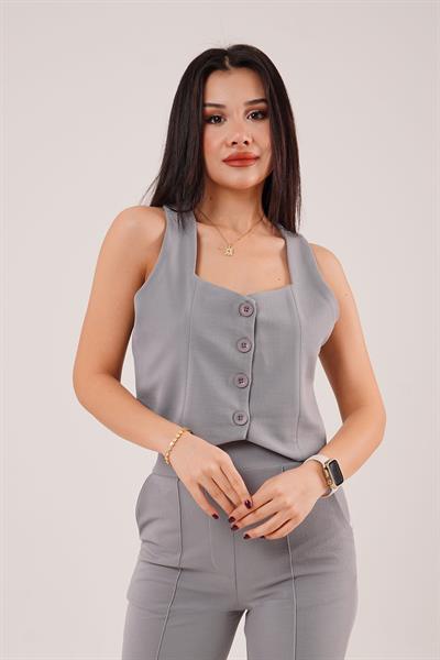 Kalın Askılı Düğmeli Yelek ve Pantolon Gri Takım