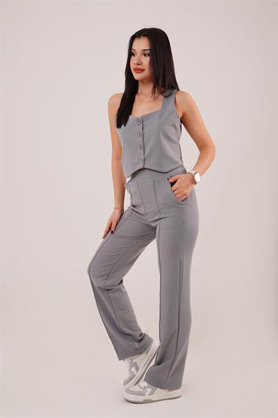 Kalın Askılı Düğmeli Yelek ve Pantolon Gri Takım