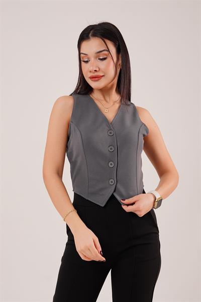 Düğmeli V Yaka Örme Antrasit Yelek