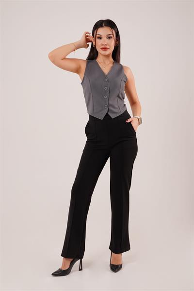 Düğmeli V Yaka Örme Antrasit Yelek