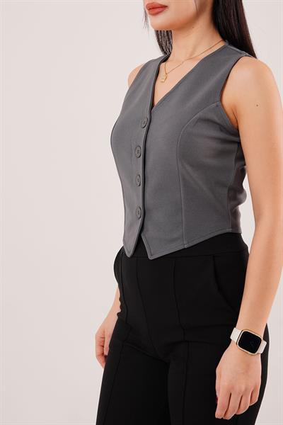 Düğmeli V Yaka Örme Antrasit Yelek