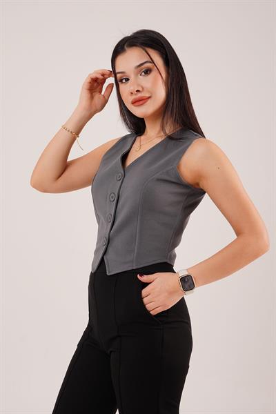 Düğmeli V Yaka Örme Antrasit Yelek