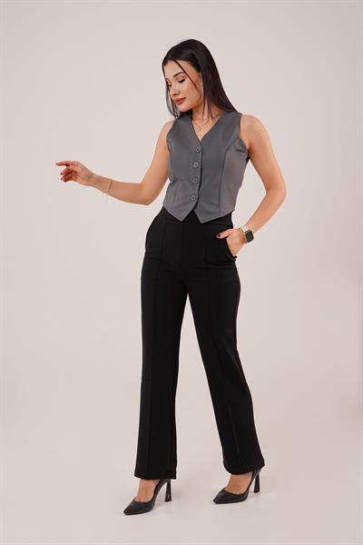 Düğmeli V Yaka Örme Antrasit Yelek