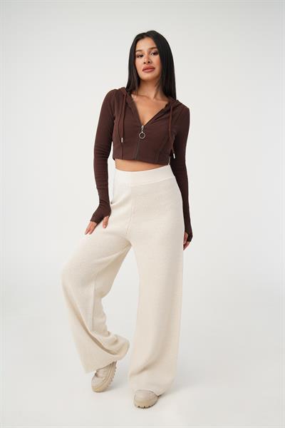 Oval Kesim Kapüşonlu Fermuarlı Kahve Hırka