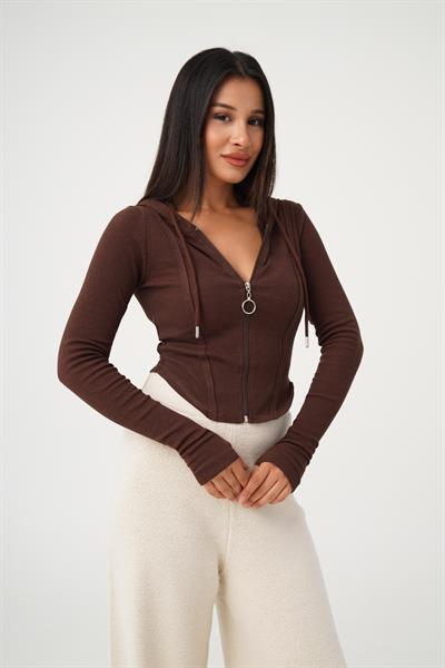 Oval Kesim Kapüşonlu Fermuarlı Kahve Hırka