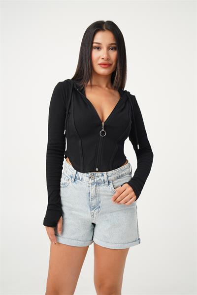 Oval Kesim Kapüşonlu Fermuarlı Siyah Hırka