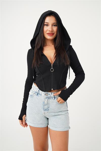 Oval Kesim Kapüşonlu Fermuarlı Siyah Hırka