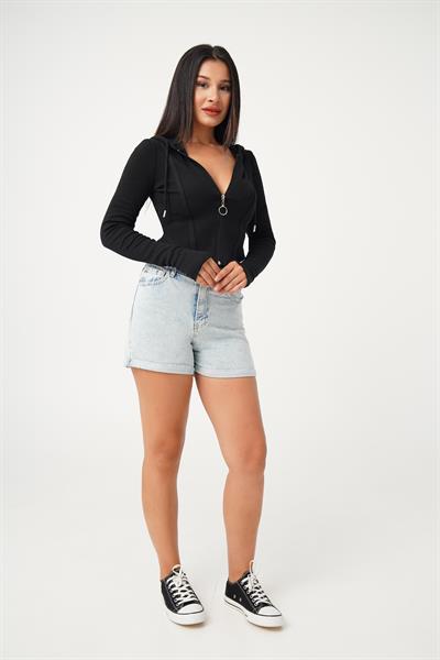 Oval Kesim Kapüşonlu Fermuarlı Siyah Hırka