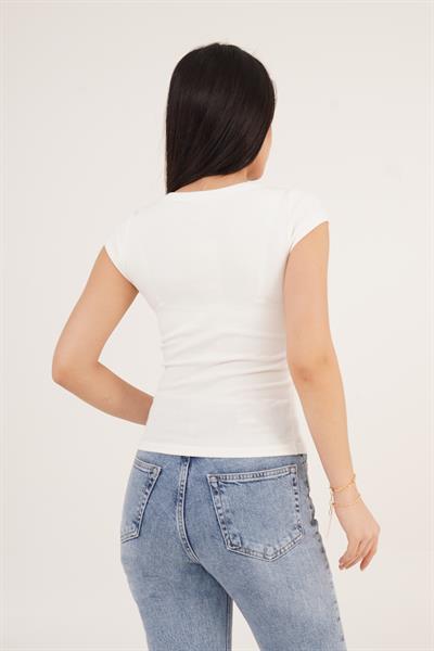 Oval Yaka Kısa Kollu Basic Tişört Ekru