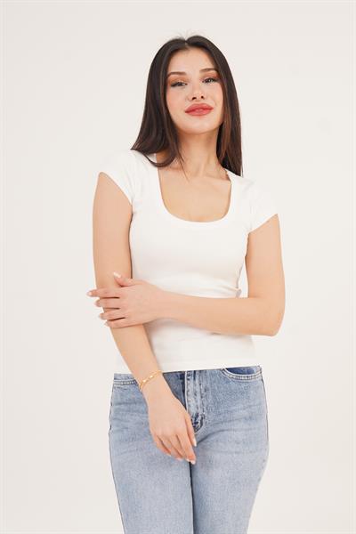 Oval Yaka Kısa Kollu Basic Tişört Ekru