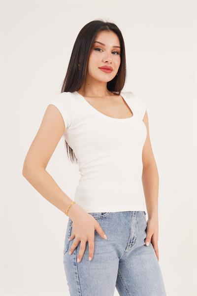Oval Yaka Kısa Kollu Basic Tişört Ekru