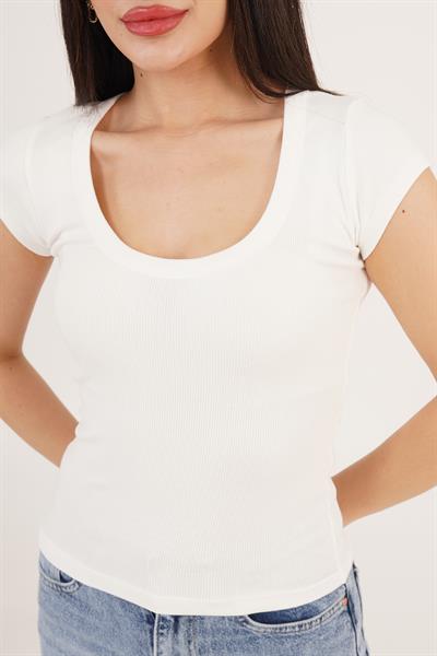 Oval Yaka Kısa Kollu Basic Tişört Ekru