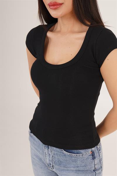 Oval Yaka Kısa Kollu Basic Tişört Siyah