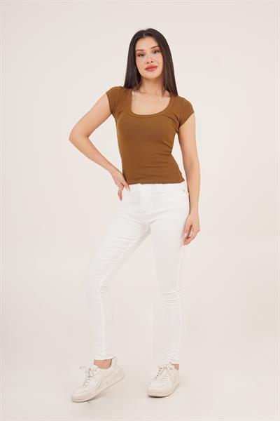 Oval Yaka Kısa Kollu Basic Tişört Taba