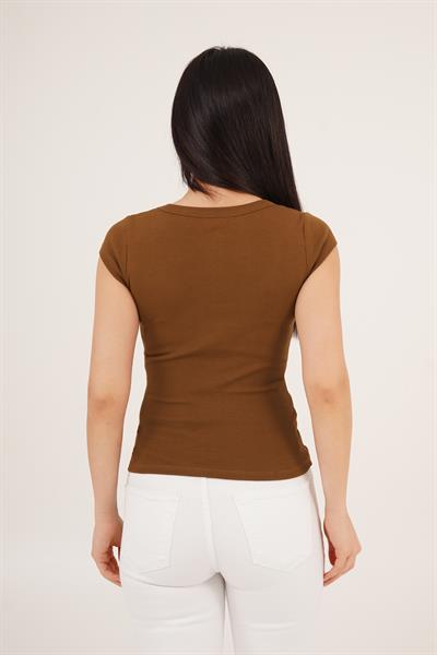Oval Yaka Kısa Kollu Basic Tişört Taba