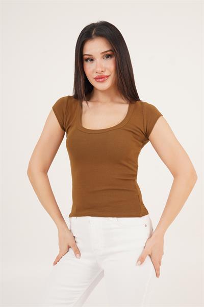 Oval Yaka Kısa Kollu Basic Tişört Taba