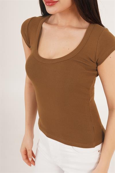 Oval Yaka Kısa Kollu Basic Tişört Taba