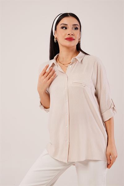 Oversize Kol Katlamalı Çizgili Camel Gömlek