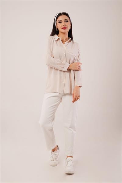 Oversize Kol Katlamalı Çizgili Camel Gömlek