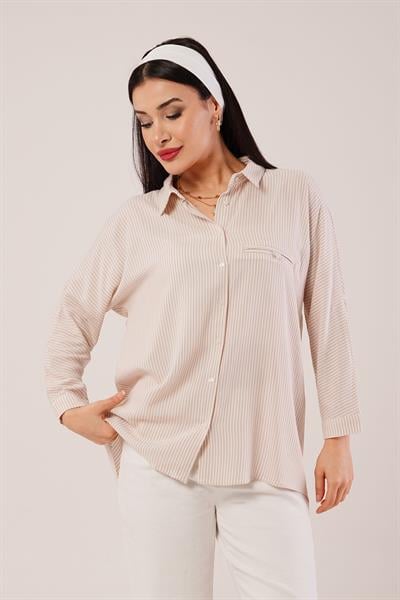 Oversize Kol Katlamalı Çizgili Camel Gömlek