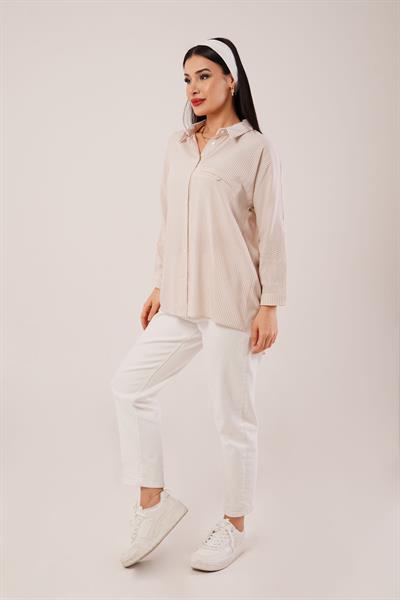 Oversize Kol Katlamalı Çizgili Camel Gömlek