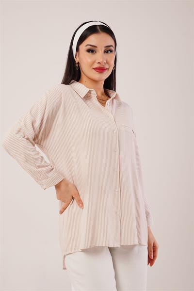 Oversize Kol Katlamalı Çizgili Camel Gömlek
