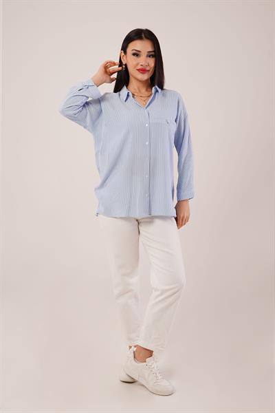 Oversize Kol Katlamalı Çizgili Mavi Gömlek