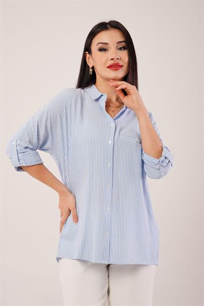 Oversize Kol Katlamalı Çizgili Mavi Gömlek