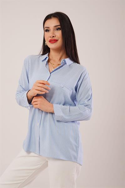 Oversize Kol Katlamalı Çizgili Mavi Gömlek