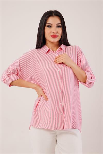 Oversize Kol Katlamalı Çizgili Pembe Gömlek